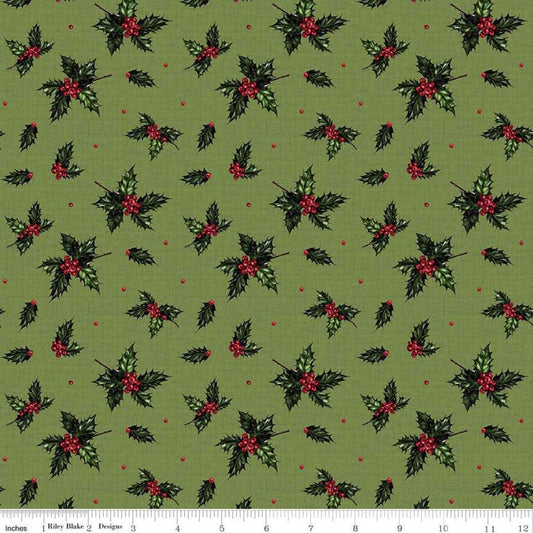 CLEARANCE Christmas Memories Holly Green - Riley Blake Designs - Floral Berries Red Green  - Quilting Cotton Fabric