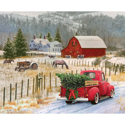 Christmas Memories Country Christmas Panel - Riley Blake Designs - Winter Barn Snow Vintage Truck Farm Horses - Quilting Cotton Fabric