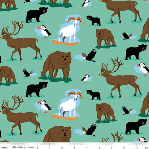 CLEARANCE Northwest Wildlife Seafoam - Riley Blake - Green Alaska Washington Bears Deer Goats  - Quilting Cotton Fabric