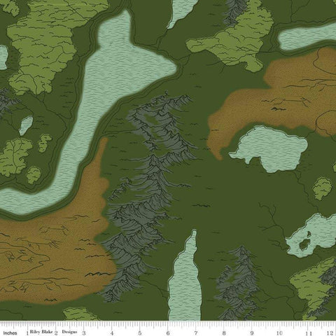 National Parks Map Green - Riley Blake Designs - Topographical Lakes Mountains Outdoors - Quilting Cotton Fabric