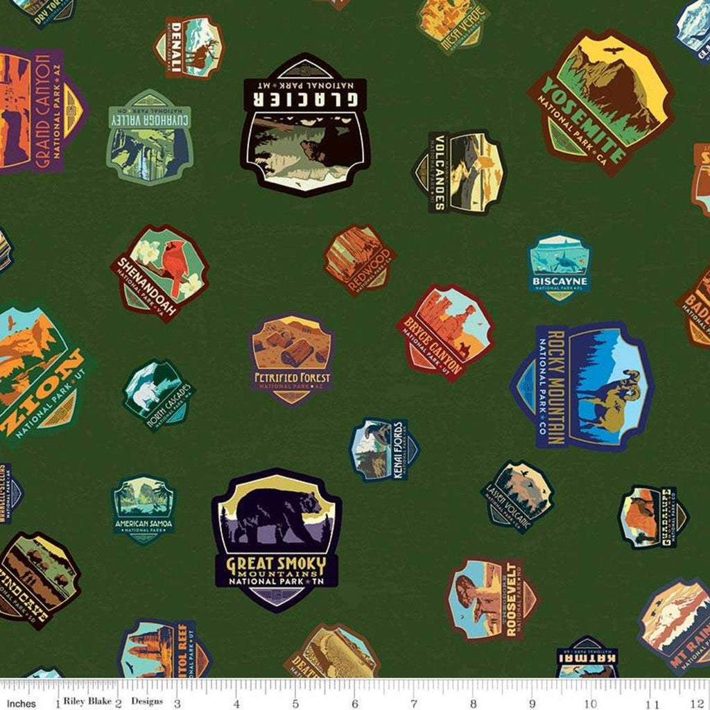 SALE National Parks Patches Green - Riley Blake Designs - Recreation Outdoors - Quilting Cotton Fabric