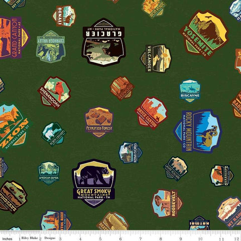 SALE National Parks Patches Green - Riley Blake Designs - Recreation Outdoors - Quilting Cotton Fabric