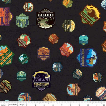 DEAL National Parks Patches Black - Riley Blake Designs - Recreation Outdoors - Quilting Cotton Fabric