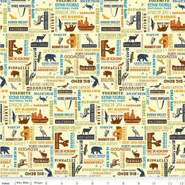DEAL National Parks Word Print Cream - Riley Blake Designs - Outdoors Names Places Wildlife - Quilting Cotton Fabric