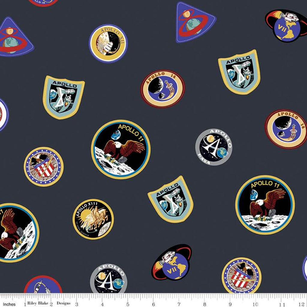 SALE NASA Apollo 11 Main Charcoal - Riley Blake Designs - The Eagle Has Landed Space Astronauts Rockets Badges - Quilting Cotton Fabric