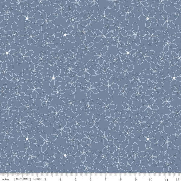 26" End of Bolt - SALE Something Borrowed Petals Blue KNIT - Riley Blake - Blue White Flower Outlines - Jersey KNIT cotton  stretch fabric