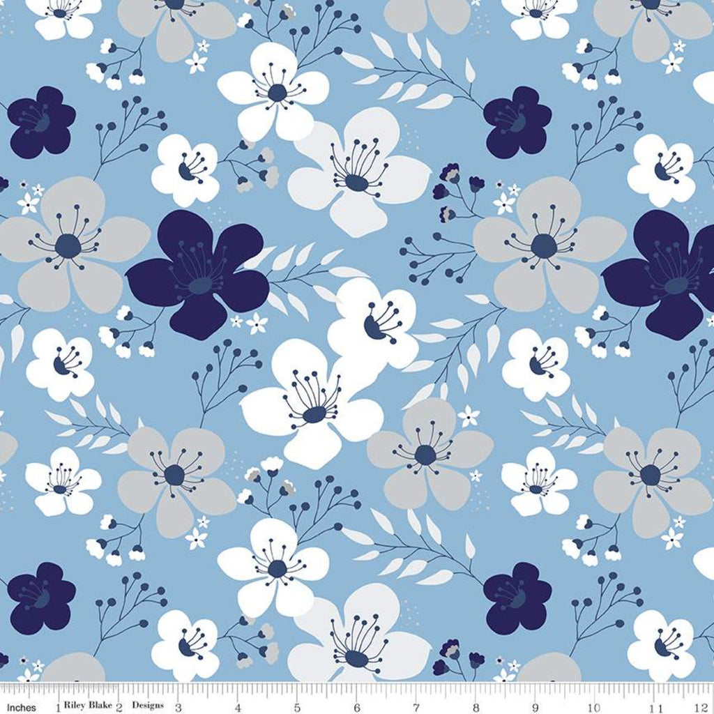 Something Borrowed Main Blue KNIT - Riley Blake Designs - Blue Gray White Flowers Floral - Jersey KNIT cotton  stretch fabric
