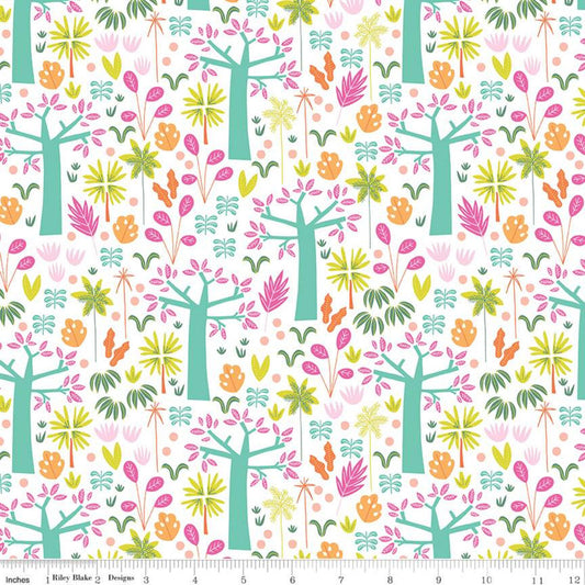 DEAL Under the Canopy Jungle White KNIT - Riley Blake Designs - Floral Flowers Trees Juvenile - Jersey KNIT cotton stretch fabric