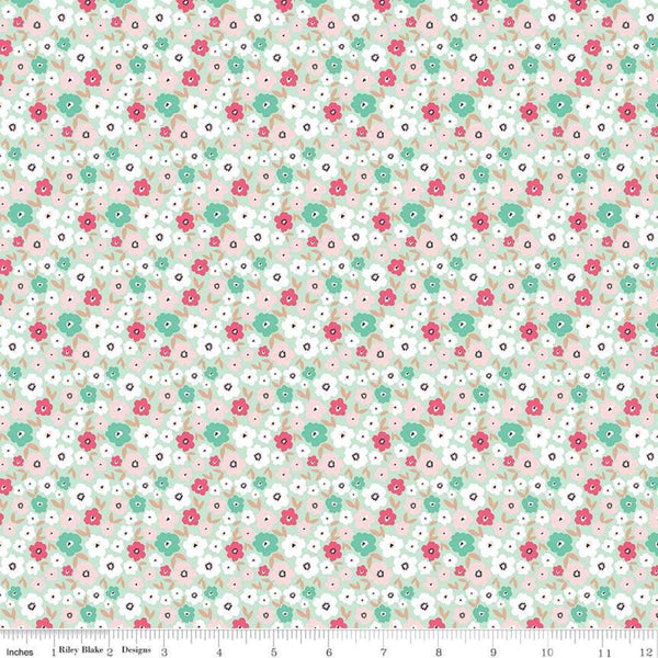 28" End of Bolt - SALE Glam Girl Small Floral Mint SPARKLE - Riley Blake - Green Floral Flowers Rose Gold METALLIC - Quilting Cotton Fabric