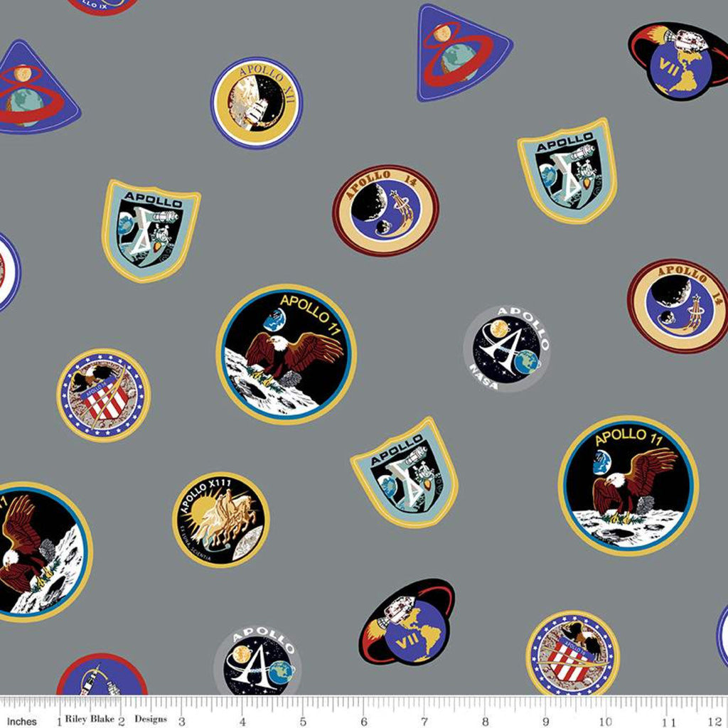 SALE NASA Apollo 11 Main Gray - Riley Blake Designs - The Eagle Has Landed Outer Space Astronauts Rockets Badges - Quilting Cotton Fabric