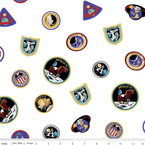 SUPER DEAL BTY! Nasa Apollo 11 Main White - Riley Blake Designs - Outer Space Astronauts Rockets Badges - Quilting Cotton Fabric