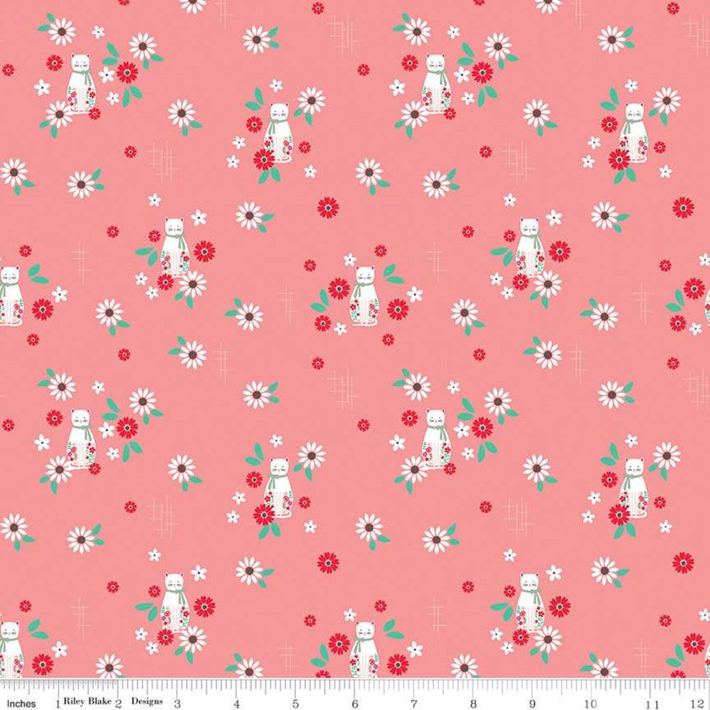 SALE Rose Lane Cat Floral Dark Pink - Riley Blake Designs - Cats Floral Flowers - Quilting Cotton Fabric