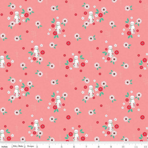 Fat Quarter End of Bolt - SALE Rose Lane Cat Floral Dark Pink - Riley Blake Designs - Cats Floral Flowers - Quilting Cotton Fabric