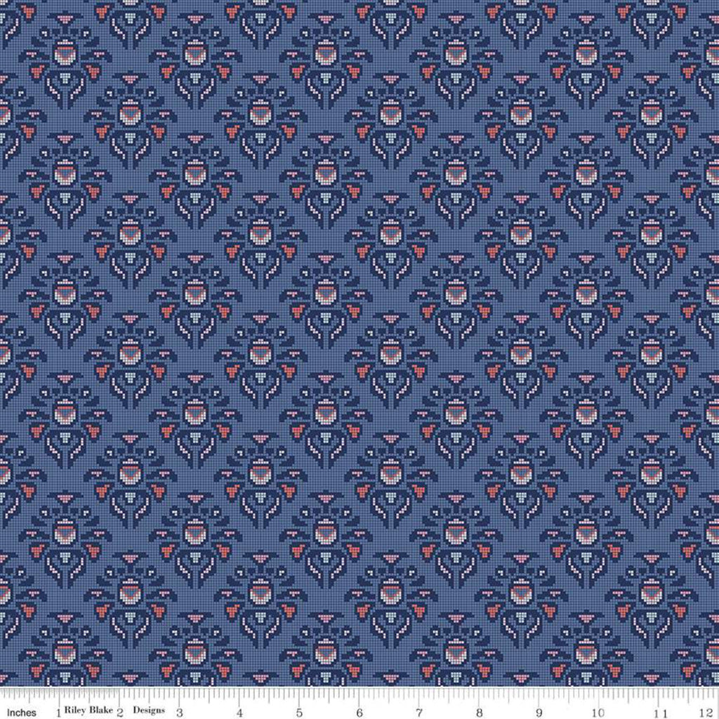 SALE Midnight Rose Damask Navy KNIT - Riley Blake Designs - Blue Floral Flowers - Jersey KNIT cotton  stretch fabric