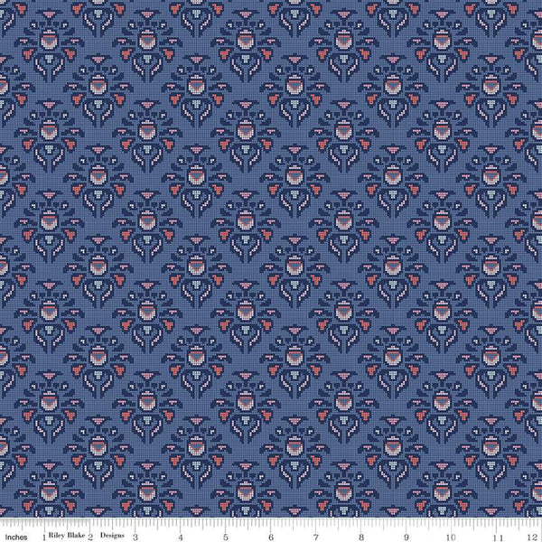 SALE Midnight Rose Damask Navy KNIT - Riley Blake Designs - Blue Floral Flowers - Jersey KNIT cotton  stretch fabric