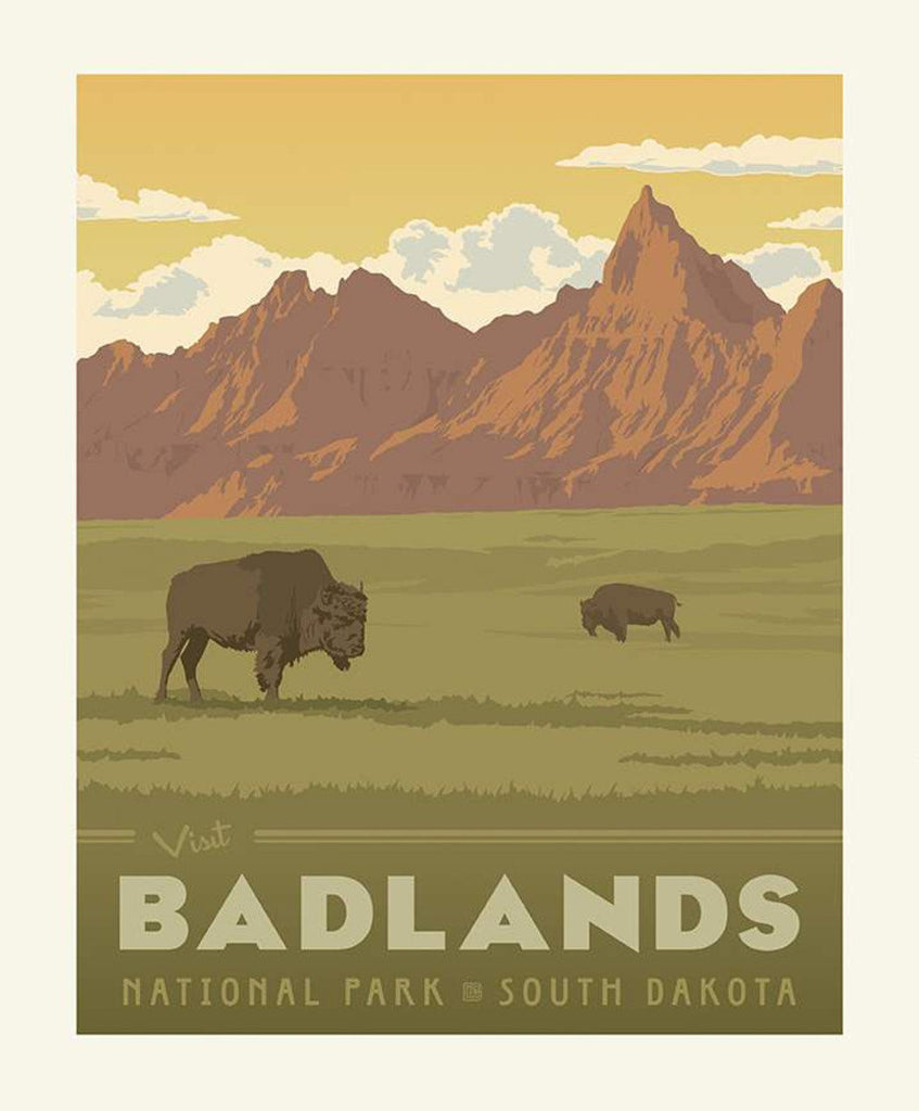 SALE National Parks Poster Panel Badlands by Riley Blake Designs - Outdoors Recreation South Dakota Buffalo Bison - Quilting Cotton Fabric