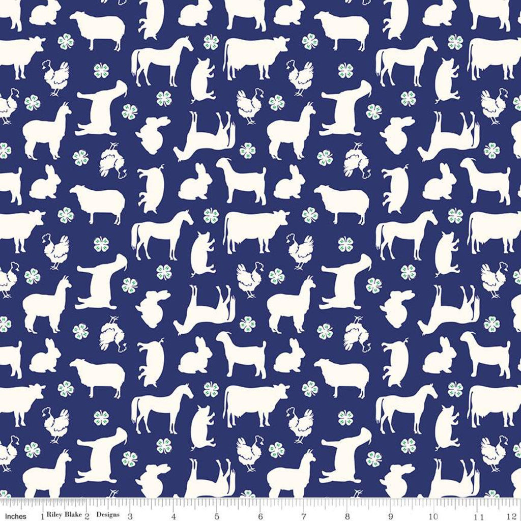 SALE 4-H Main Blue - Riley Blake Designs - Blue Cream Agriculture Farm Animals Horses Cows Sheep Pigs Rabbits    - Quilting Cotton Fabric