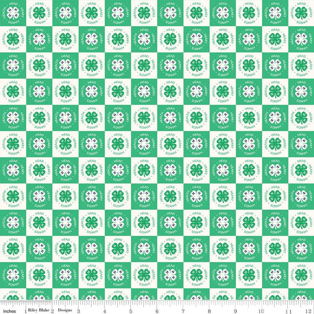 Fat Quarter End of Bolt - SALE 4-H Clover Blocks Cream - Riley Blake - Green Agriculture 4-H Emblem Checkerboard - Quilting Cotton Fabric