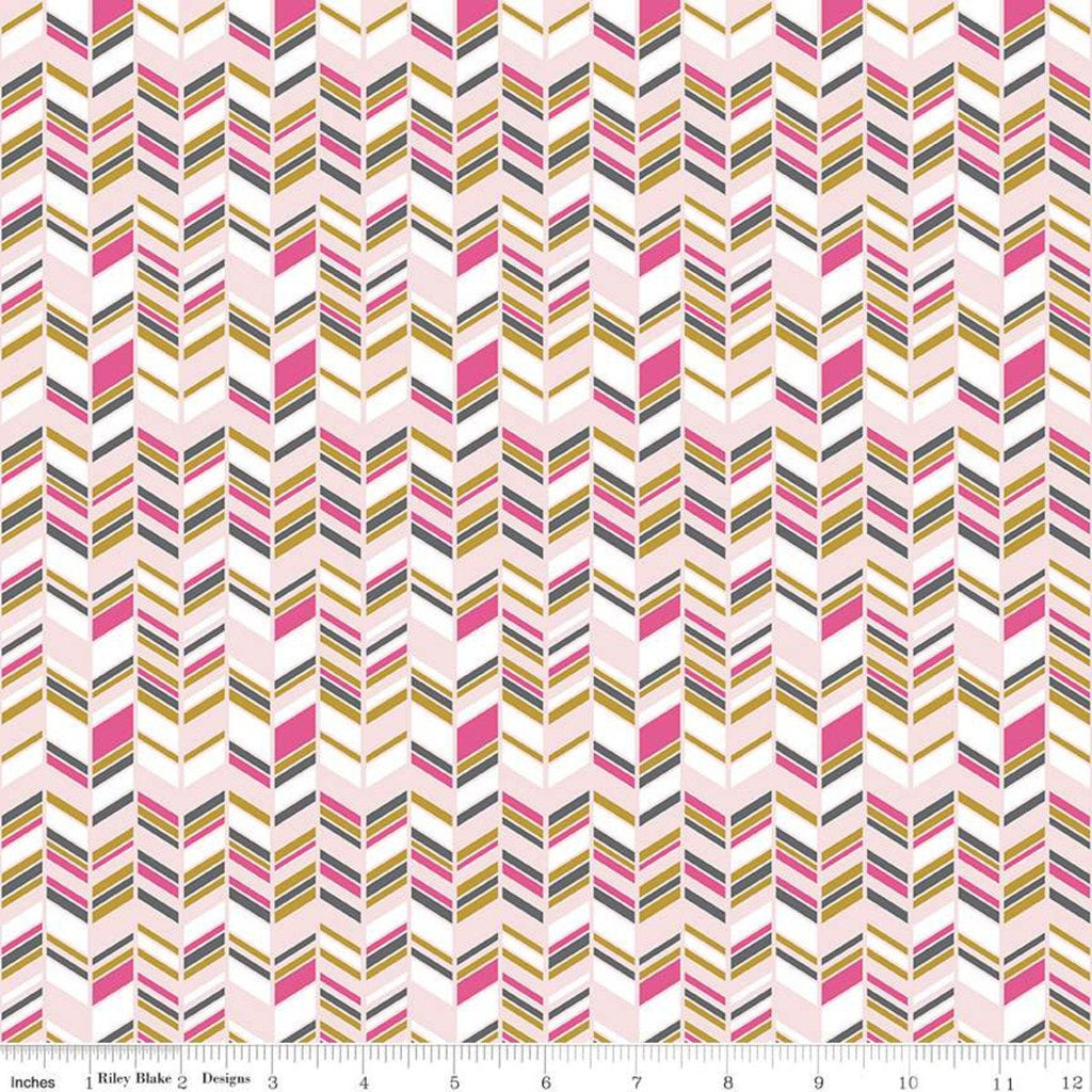 SALE Chloe and Friends Herringbone Pink SPARKLE - Riley Blake Designs - Pink White Gold METALLIC Cat Geometric   - Quilting Cotton Fabric