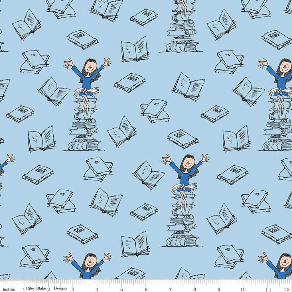 16" end of bolt - Matilda Standing Books Blue - Riley Blake Designs - Roald Dahl Reading - Quilting Cotton Fabric