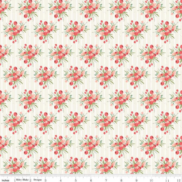 32" End of Bolt - CLEARANCE Flower Market Bouquets Cream - Riley Blake - Floral Flowers Stripes Orange Pink - Quilting Cotton Fabric