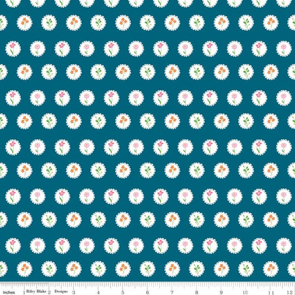 SALE Play Outside Circles Navy - Riley Blake Designs - Framed Flowers Floral Blue White  - Quilting Cotton Fabric