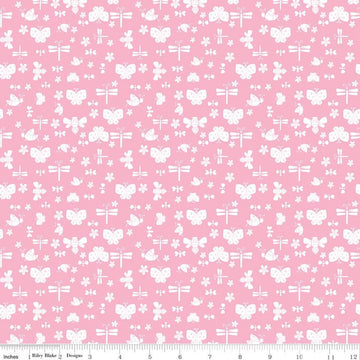 SALE Play Outside Bugs Pink - Riley Blake Designs - Butterflies Dragonflies Flowers White  - Quilting Cotton Fabric
