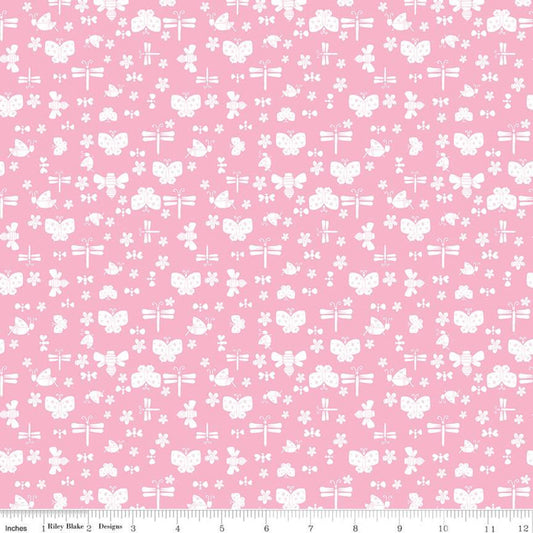 SALE Play Outside Bugs Pink - Riley Blake Designs - Butterflies Dragonflies Flowers White  - Quilting Cotton Fabric