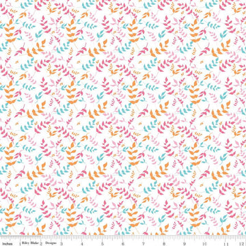 CLEARANCE Play Outside Branches White - Riley Blake Designs - Pink Orange Blue Leaves - Quilting Cotton Fabric
