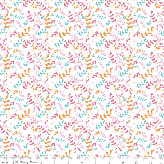 CLEARANCE Play Outside Branches White - Riley Blake Designs - Pink Orange Blue Leaves - Quilting Cotton Fabric