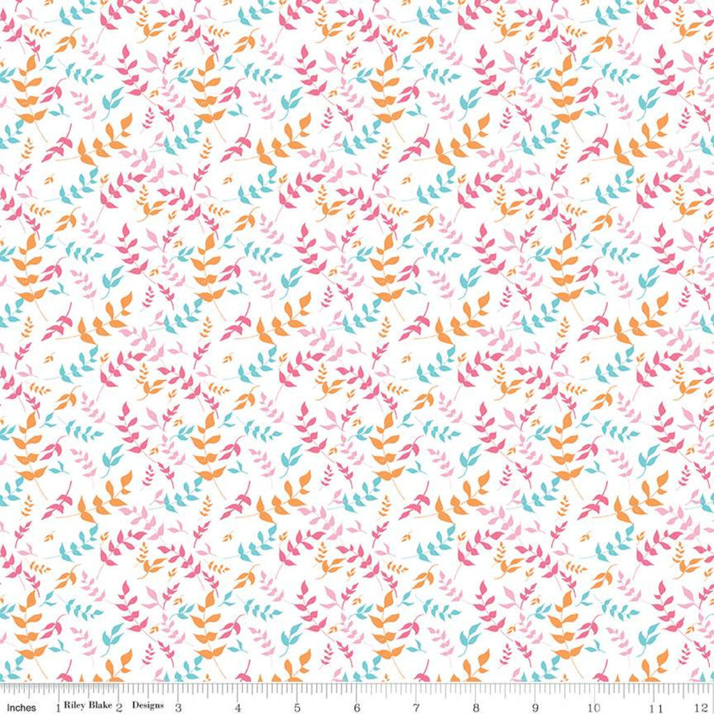 SALE Play Outside Branches White - Riley Blake Designs - Pink Orange Blue Leaves - Quilting Cotton Fabric
