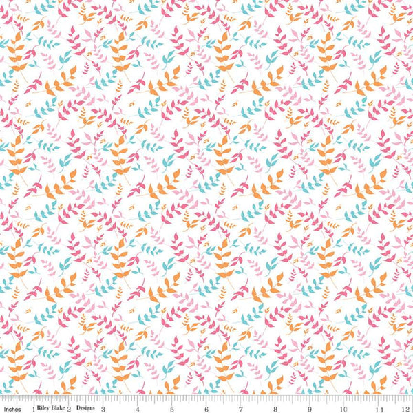 CLEARANCE Play Outside Branches White - Riley Blake Designs - Pink Orange Blue Leaves - Quilting Cotton Fabric