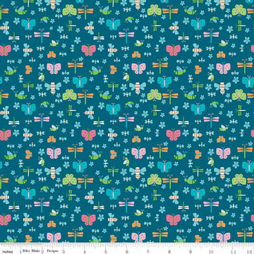 SALE Play Outside Bugs Navy - Riley Blake Designs - Butterflies Dragonflies Flowers Blue  - Quilting Cotton Fabric