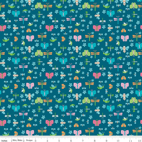 SALE Play Outside Bugs Navy - Riley Blake Designs - Butterflies Dragonflies Flowers Blue  - Quilting Cotton Fabric