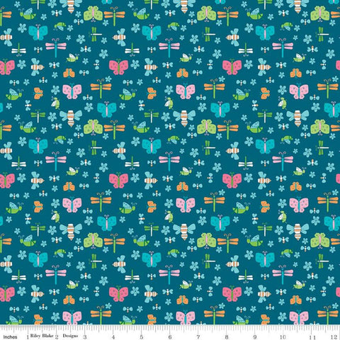 SALE Play Outside Bugs Navy - Riley Blake Designs - Butterflies Dragonflies Flowers Blue  - Quilting Cotton Fabric