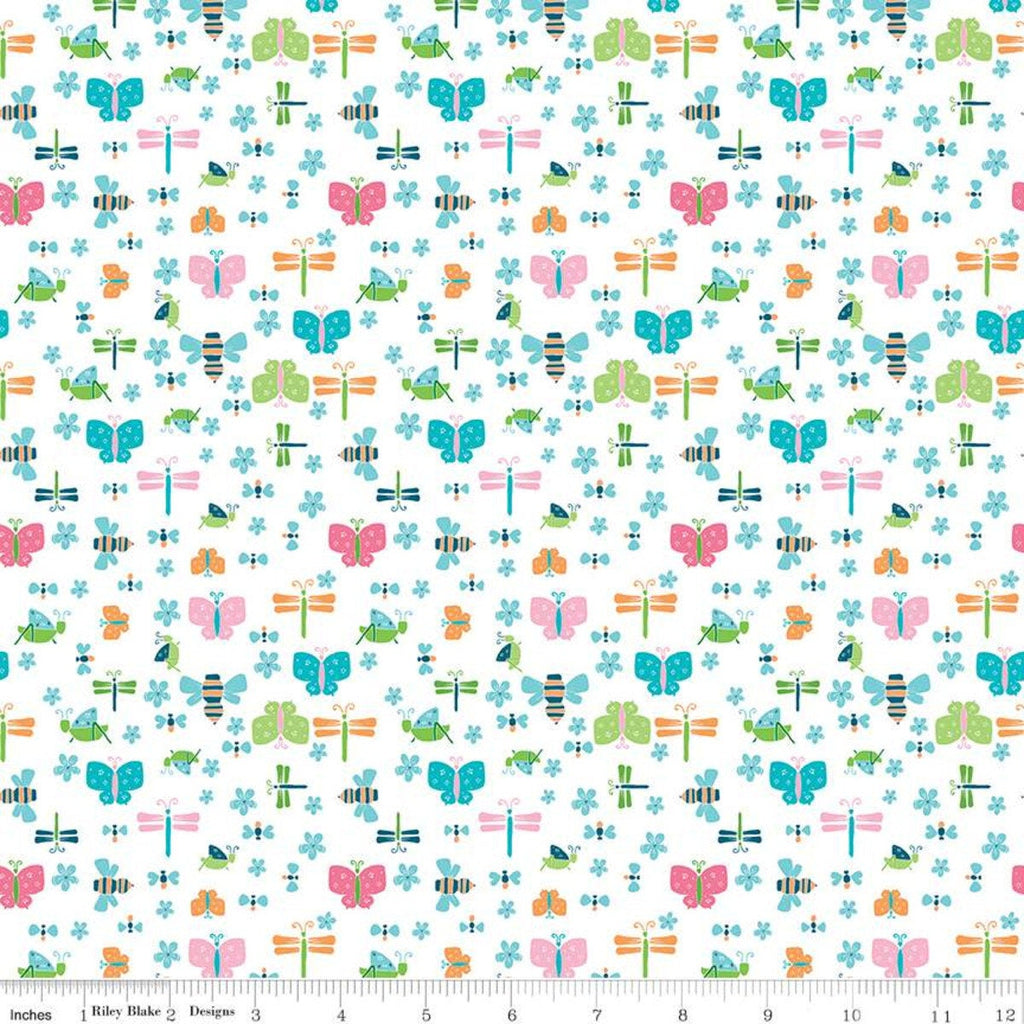 End of Bolt Pieces - SALE Play Outside Bugs White - Riley Blake Designs - Butterflies Dragonflies Flowers - Quilting Cotton Fabric