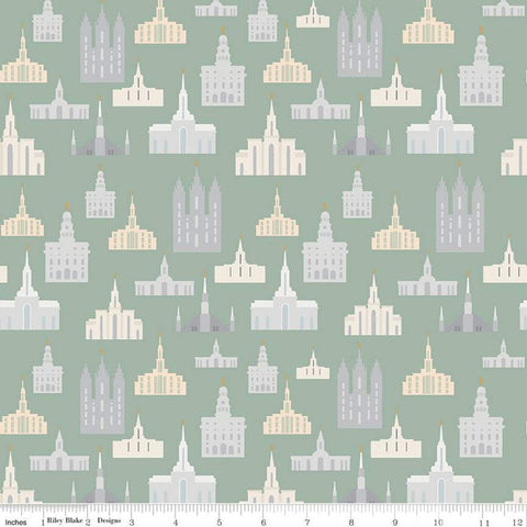 Called to Serve Temple Sage SPARKLE - Riley Blake Designs - Missionary Mission Temples Green Gold METALLIC - Quilting Cotton Fabric
