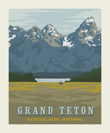 National Parks Poster Panel Grand Teton - Riley Blake Designs - Wyoming Mountains Lake Wildlife Recreation - Quilting Cotton Fabric