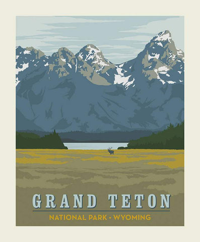 SALE National Parks Poster Panel Grand Teton by Riley Blake Designs - Wyoming Mountains Lake Wildlife Recreation - Quilting Cotton Fabric