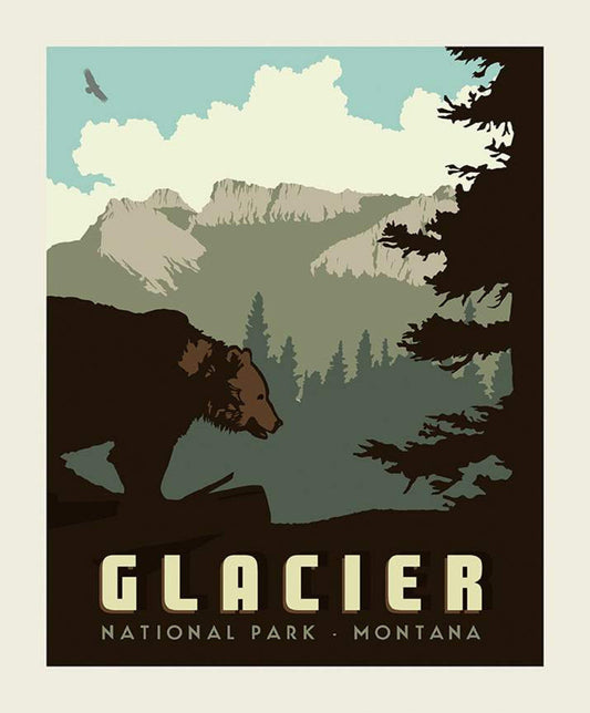 National Parks Poster Panel Glacier - Riley Blake - Montana Mountains Bear Wildlife DIGITALLY PRINTED - Quilting Cotton Fabric