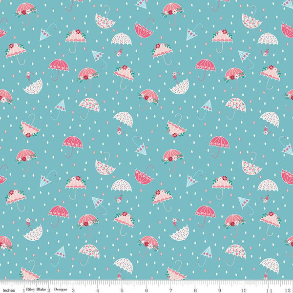 SALE Singing in the Rain Umbrellas Peacock - Riley Blake Designs - Raindrops Blue - Quilting Cotton Fabric - choose your cut