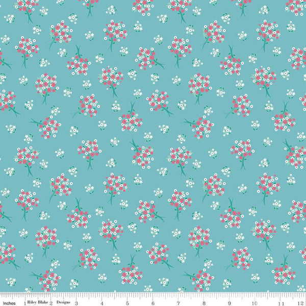 SALE Singing in the Rain Bouquets Peacock - Riley Blake Designs - Flowers Floral Blue - Quilting Cotton Fabric