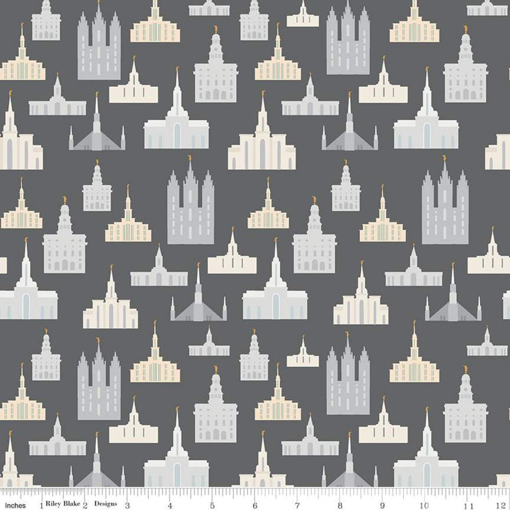 Called to Serve Temple Charcoal SPARKLE - Riley Blake Designs - Missionary Mission Temples Gray Gold METALLIC - Quilting Cotton Fabric