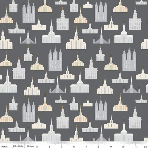 SALE Called to Serve Temple Charcoal SPARKLE - Riley Blake Designs - Missionary Mission Temples Gray Gold METALLIC - Quilting Cotton Fabric