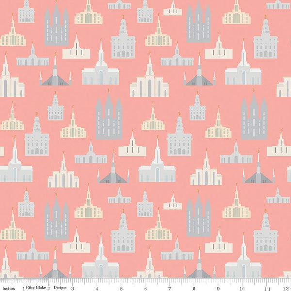 Called to Serve Temple Coral SPARKLE - Riley Blake Designs - Missionary Mission Temples Gold METALLIC - Quilting Cotton Fabric