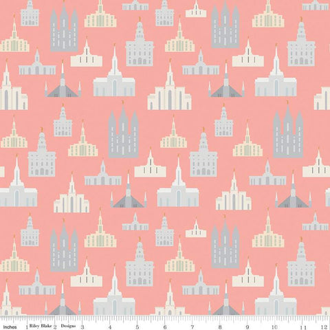 Called to Serve Temple Coral SPARKLE - Riley Blake Designs - Missionary Mission Temples Gold METALLIC - Quilting Cotton Fabric
