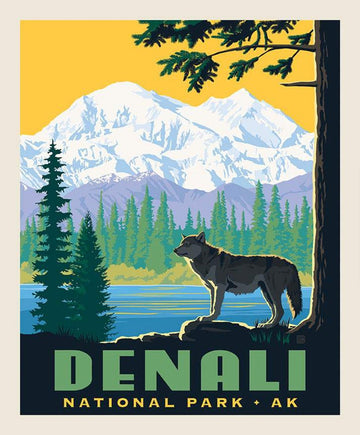 National Parks Poster Panel Denali - Riley Blake - Outdoors Recreation Alaska Mountain Wolf DIGITALLY PRINTED - Quilting Cotton Fabric