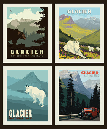 National Parks Pillow Panel Glacier - Riley Blake Designs - Montana Bears Mountain Goats Recreation Outdoors - Quilting Cotton Fabric