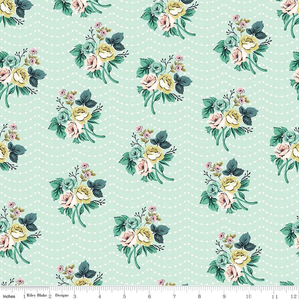 16" end of bolt - SALE Splendor Bouquet Mint - Riley Blake Designs - Floral Flowers Green Cream Dots Polka Dots -  Quilting Cotton Fabric