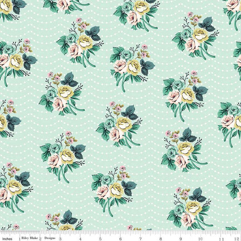 16" end of bolt - SALE Splendor Bouquet Mint - Riley Blake Designs - Floral Flowers Green Cream Dots Polka Dots -  Quilting Cotton Fabric